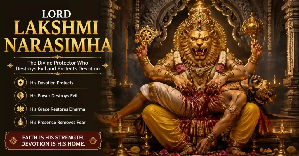 Lord Narasimha defeating the demon king Hiranyakashipu on his lap, fulfilling the divine purpose of protecting Prahlad and restoring dharma.