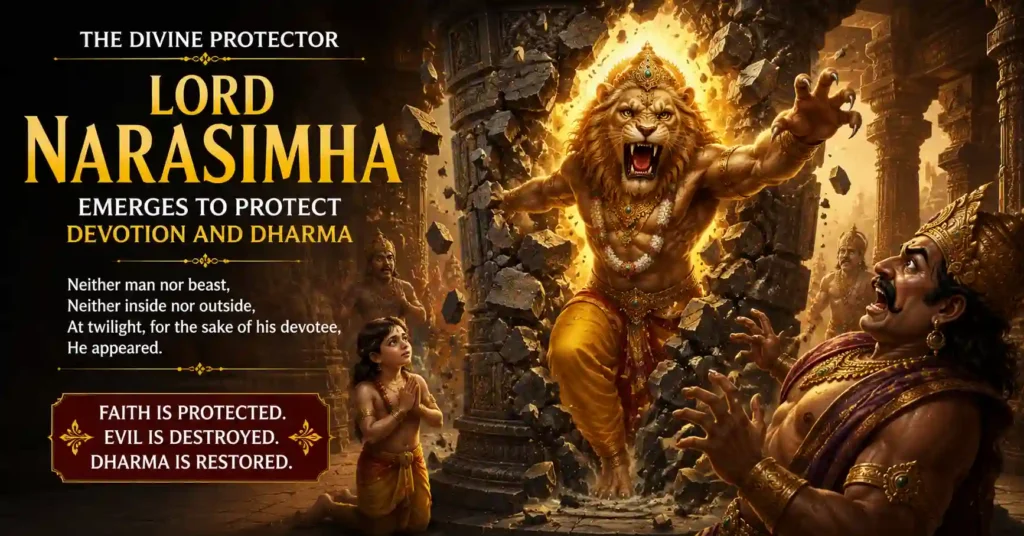 Lord Narasimha emerging from a stone pillar before Hiranyakashipu as Prahlad watches in unwavering devotion.