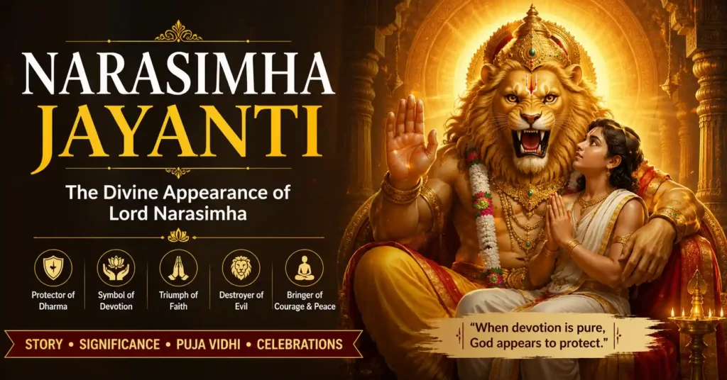 Lord Narasimha blessing Prahlad during Narasimha Jayanti, symbolizing divine protection, courage, and the victory of dharma over evil.