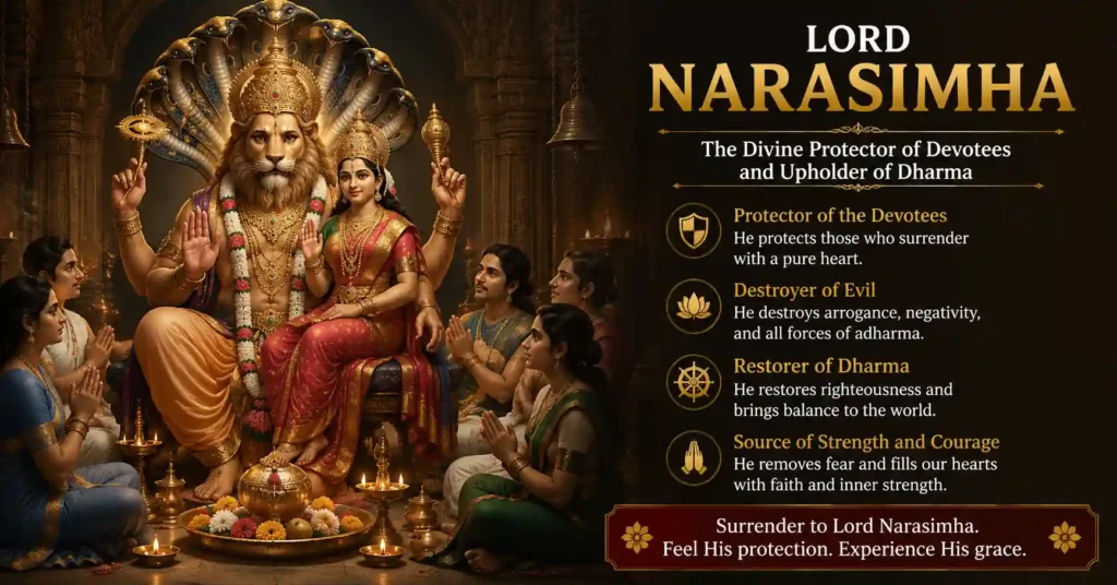 Lord Narasimha seated with Goddess Lakshmi, blessing devotees in a temple, symbolizing divine protection, courage, compassion, and the restoration of dharma.