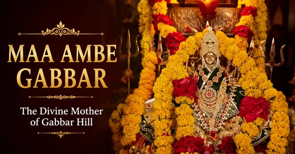Sacred idol of Maa Ambe at Gabbar Hill near Ambaji Temple Gujarat, revered as the original seat of the Divine Mother. Mid Article 2 Ambaji Ropeway to Gabbar Hill Ambaji Ropeway carrying pilgrims to Gabbar Hill, offering scenic views and easy access to the sacred pilgrimage site. Mid Article 3 Ambaji Temple Gujarat Entrance Grand entrance gateway of Ambaji Temple Gujarat, one of the most revered Shakti Peeths dedicated to Maa Amba. Mid Article 4 Ambaji Temple Garbhagriha Sacred Garbhagriha of Ambaji Temple Gujarat, where devotees worship the divine presence of Maa Amba through the sacred Sri Yantra. Mid Article 5 Ambaji Navratri Garba Festival Devotees performing traditional Garba during Navratri celebrations at Ambaji Temple Gujarat in honour of Maa Amba. Mid Article 6 Sri Yantra Worship at Ambaji Temple Sacred Sri Yantra worship at Ambaji Temple Gujarat, symbolizing the divine presence of Maa Amba without a physical idol.