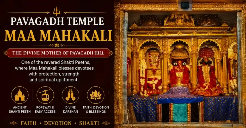 The sacred sanctum of Maa Mahakali at Pavagadh Temple, adorned with flowers and traditional decorations for darshan.