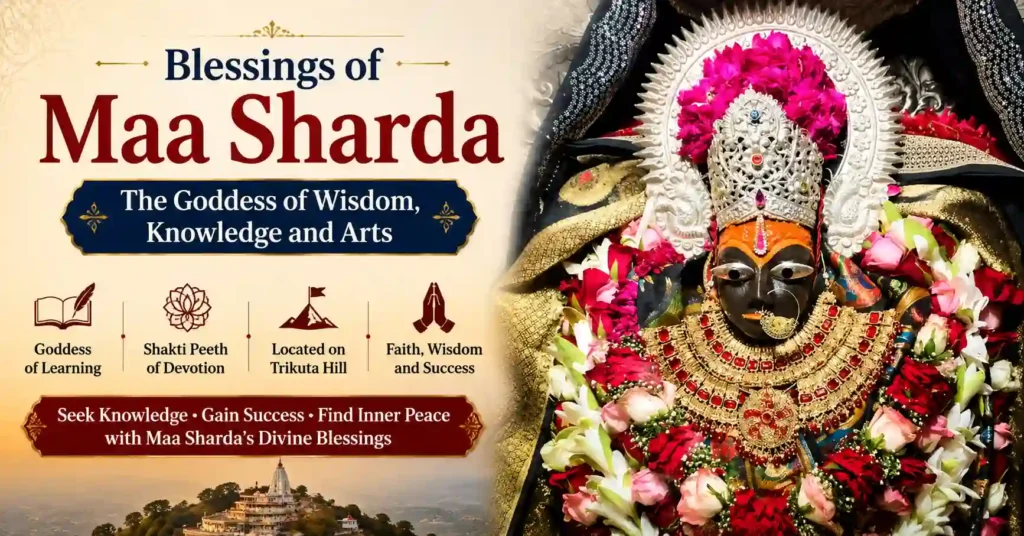 Sacred idol of Maa Sharda, worshipped as the Goddess of wisdom and knowledge, inside the Maihar Temple sanctum.