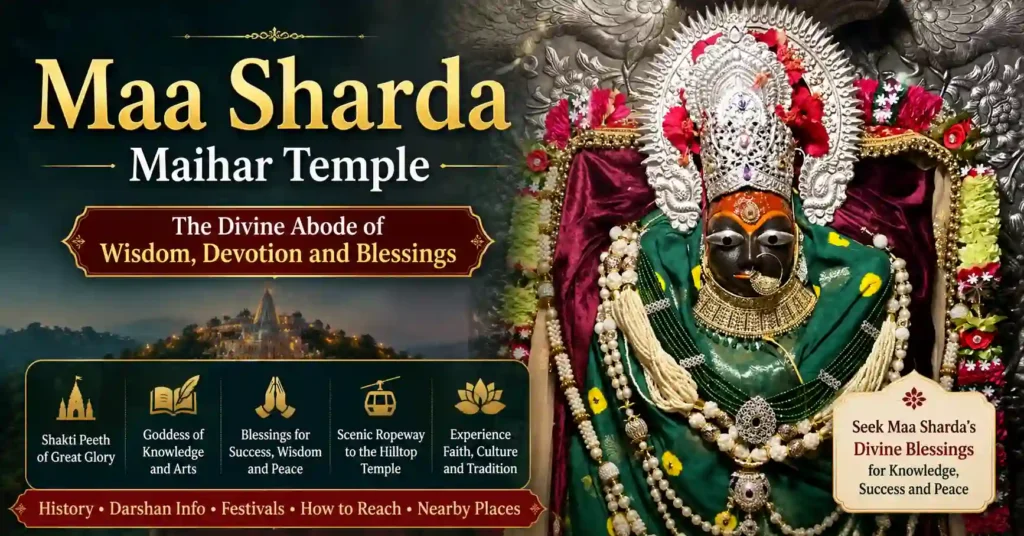 Beautifully adorned idol of Maa Sharda decorated with flowers and traditional ornaments during temple worship.