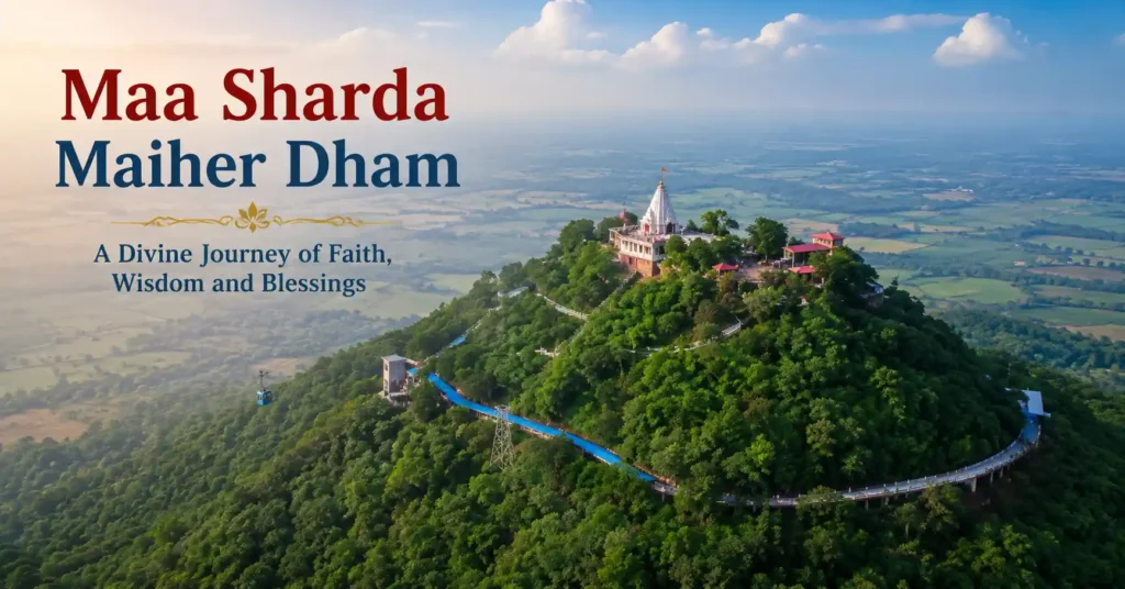 Aerial view of Maa Sharda Maihar Dham atop Trikuta Hill, surrounded by lush greenery and the scenic landscape of Maihar.