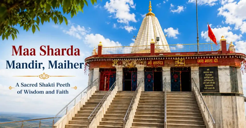 Front view of Maa Sharda Mandir in Maihar, Madhya Pradesh, showing the temple entrance, grand staircase, and sacred Shakti Peeth atop Trikuta Hill under a clear blue sky.
