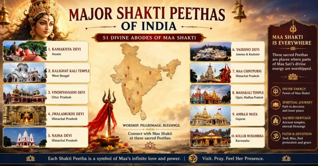Infographic highlighting major Shakti Peethas in India, including Kamakhya, Kalighat, Jwala Ji, Ambaji, and Vindhyavasini Devi.