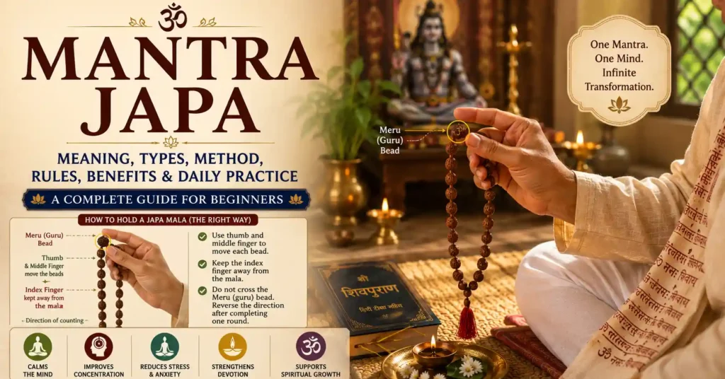 Devotee performing Mantra Japa with a Rudraksha mala in a peaceful home temple, illustrating the meaning, method, rules, benefits, and daily practice of Mantra Japa in Sanatan Dharma.