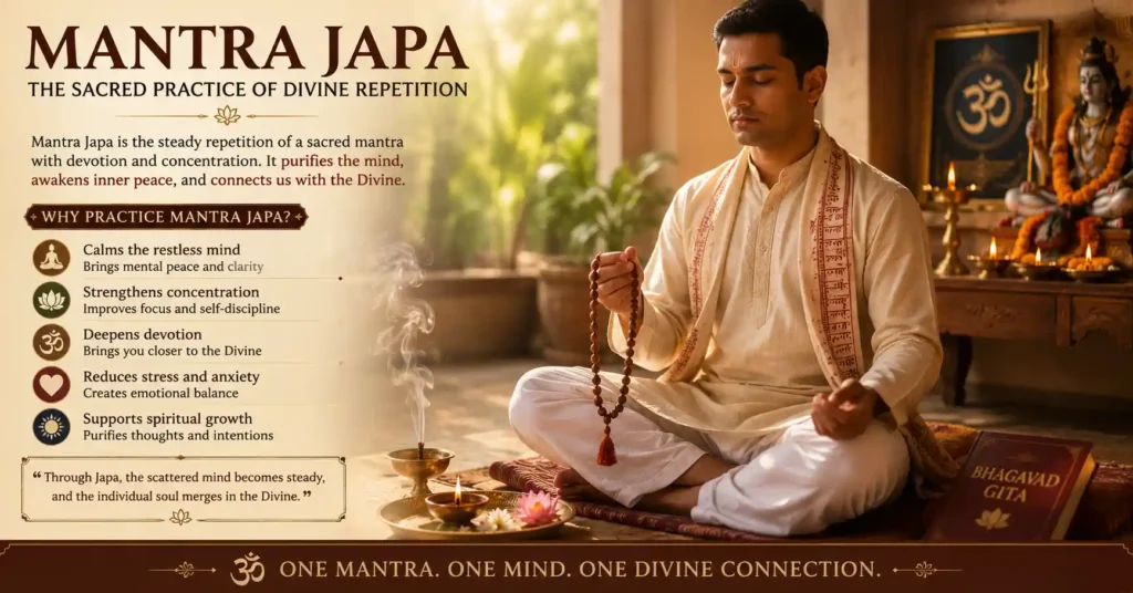 Illustration explaining the meaning of Mantra Japa with a devotee meditating using a japa mala, showing how sacred mantra repetition brings peace, devotion, and spiritual growth.