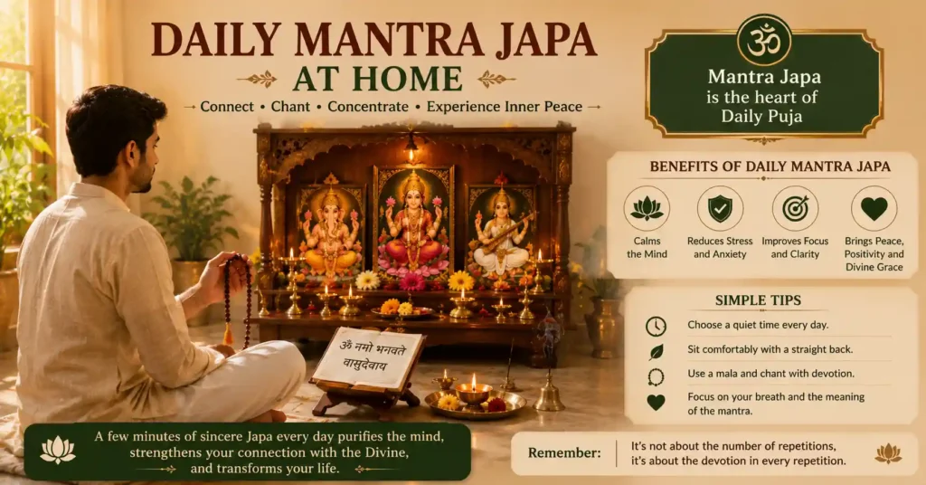 Comparison infographic explaining morning and evening daily puja, highlighting the benefits of both and emphasizing that sincere devotion is more important than the time of worship.