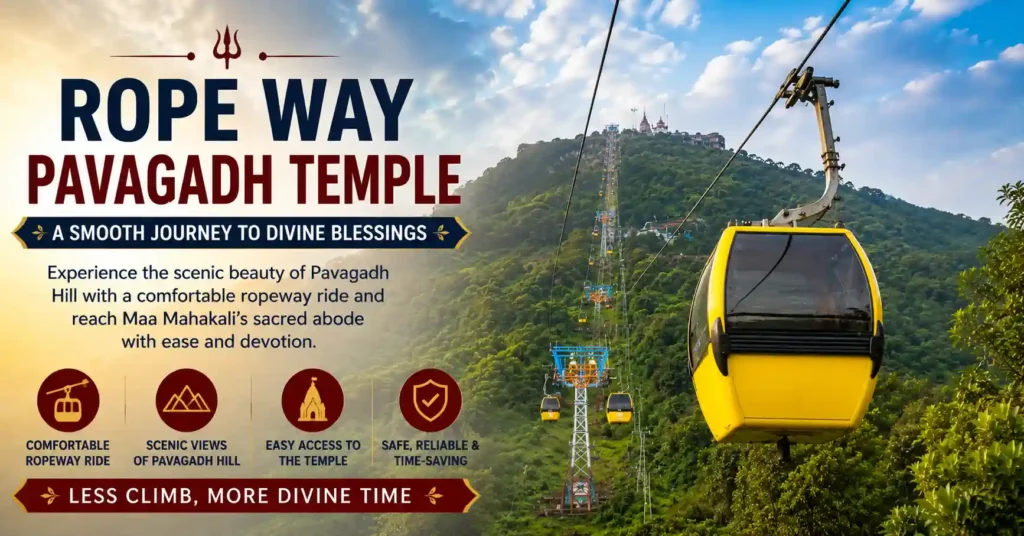 Pavagadh Ropeway carrying pilgrims through the lush green hills to Maa Mahakali Temple on Pavagadh Hill.