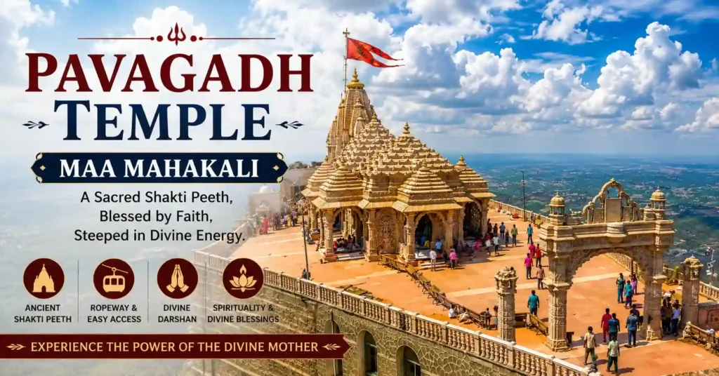 A panoramic view of the Pavagadh Temple complex atop Pavagadh Hill in Gujarat, surrounded by scenic landscapes.