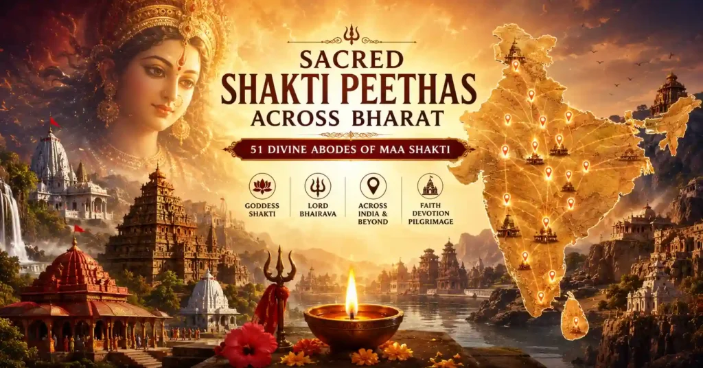 Artistic map of Bharat showing the sacred 51 Shakti Peethas spread across India and neighbouring countries, symbolising the divine presence of Maa Shakti.