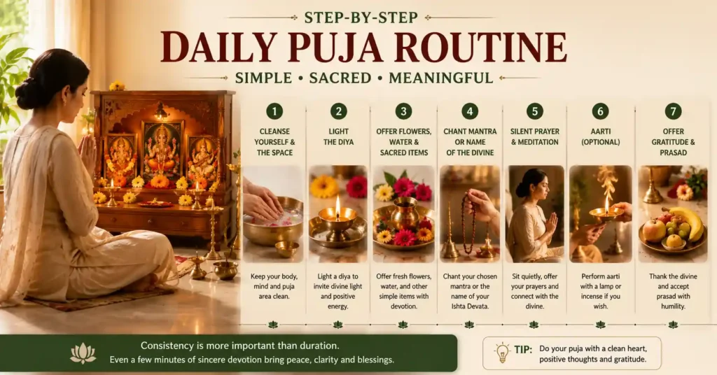 Infographic showing the step-by-step daily puja routine, including cleansing, lighting the diya, offering flowers, chanting mantras, meditation, aarti, and gratitude.