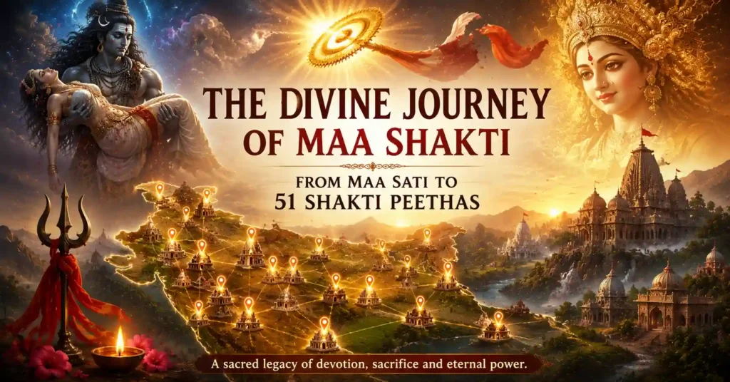 Illustration of Lord Shiva, Maa Sati, and the formation of the 51 Shakti Peethas, depicting the sacred journey of the Divine Mother.