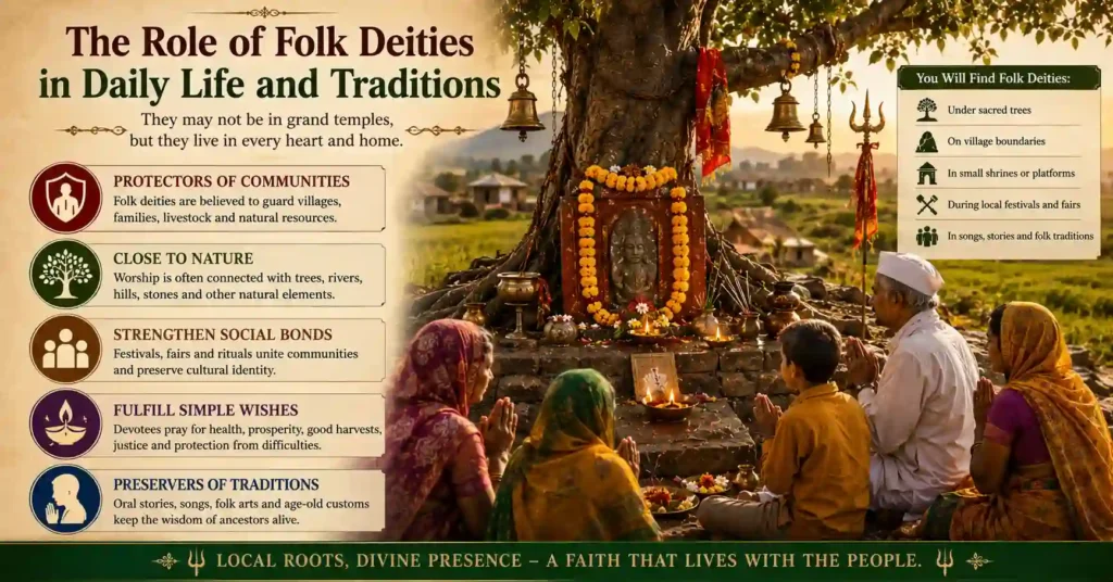 Devotees worshipping at a village shrine under a sacred tree, showing how Folk Deities of India protect communities, preserve traditions, and remain part of everyday spiritual life.
