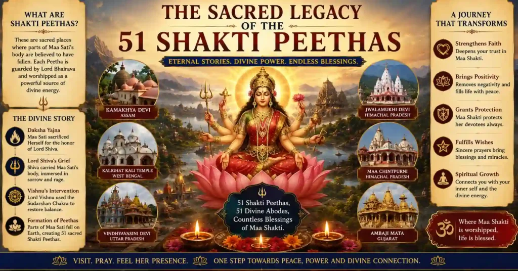 Sacred legacy of the 51 Shakti Peethas featuring Maa Shakti, famous temples, and the spiritual story of Maa Sati in Sanatan Dharma.