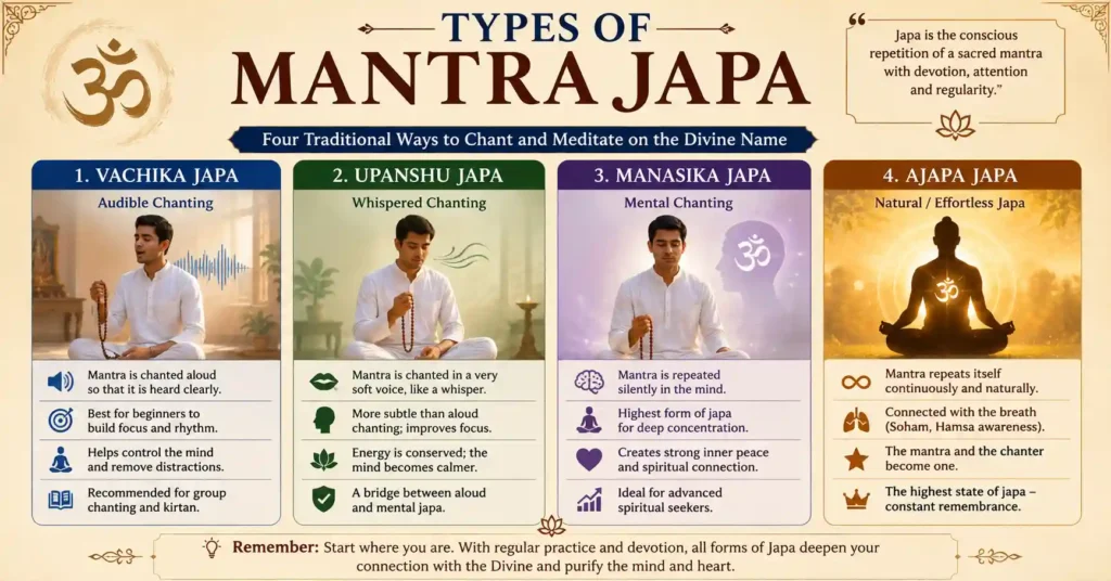 Infographic showing the four traditional types of Mantra Japa: Vachika Japa, Upanshu Japa, Manasika Japa, and Ajapa Japa with their meanings and benefits.