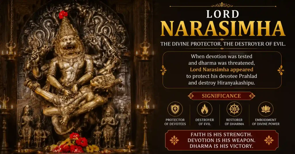 Ancient Ugra Narasimha idol depicting the triumph of divine justice, protection of devotees, and the destruction of evil.