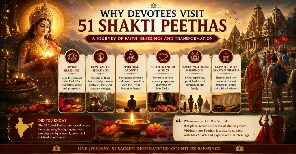 Devotees undertaking a spiritual pilgrimage to the 51 Shakti Peethas, seeking the blessings, protection, and divine grace of Maa Shakti.