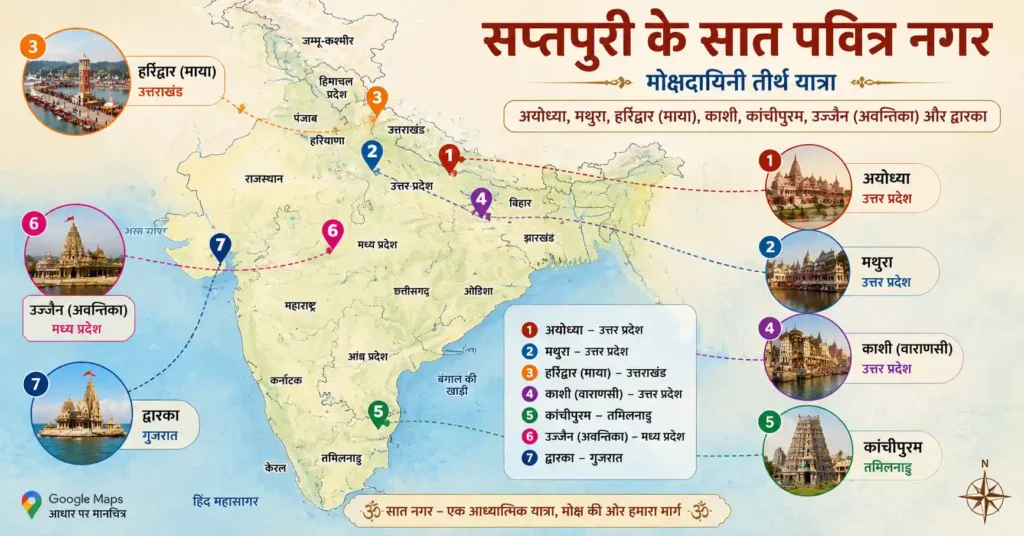 भारत के मानचित्र पर सप्तपुरी के सात पवित्र नगरों का स्थान – अयोध्या, मथुरा, हरिद्वार, काशी, कांचीपुरम, उज्जैन और द्वारका