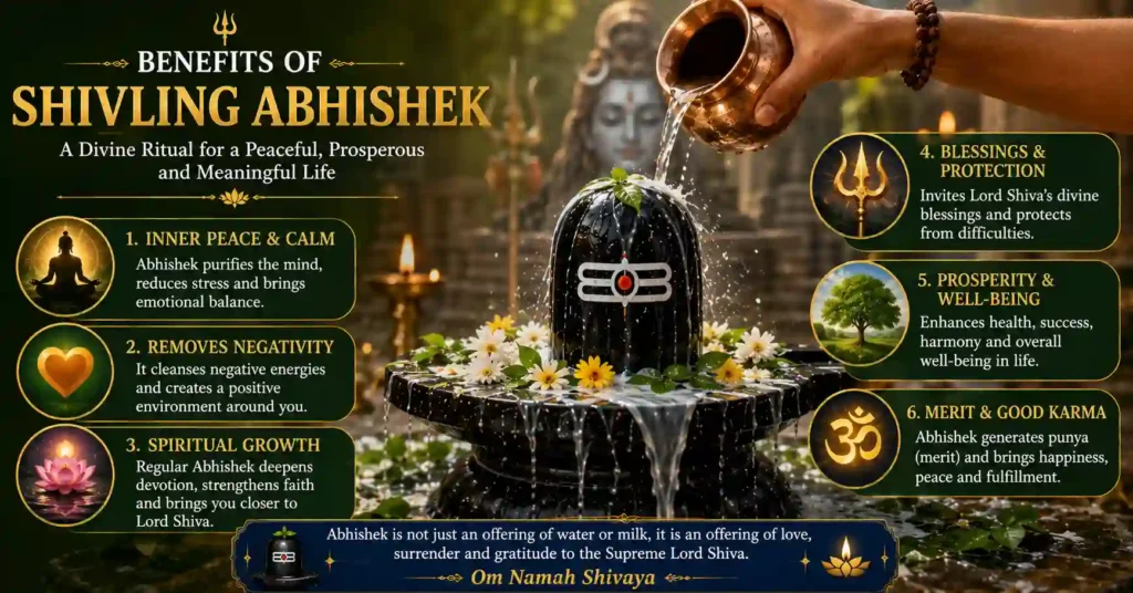 Infographic showing the spiritual and life benefits of performing Shivling Abhishek