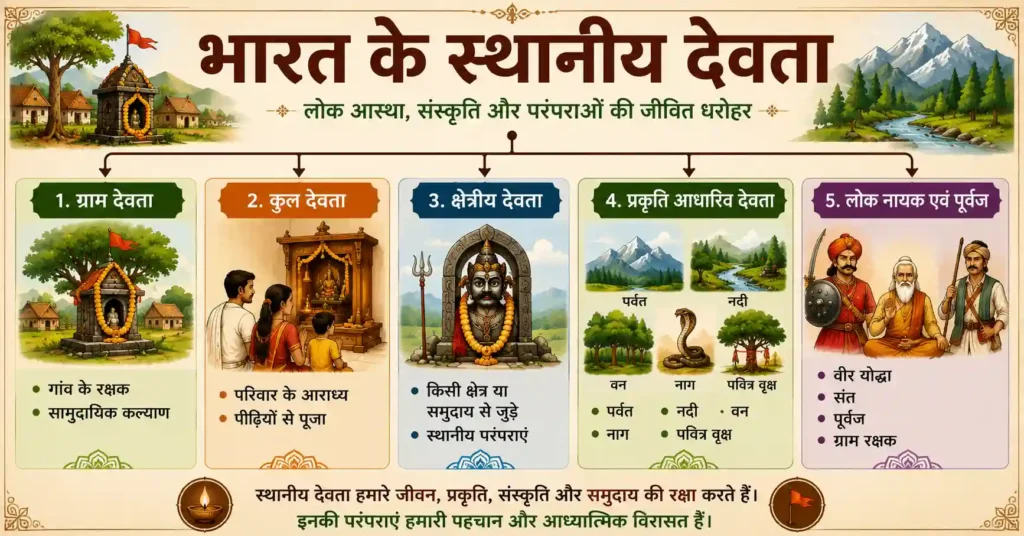 भारत के स्थानीय देवताओं की प्रमुख परंपराओं को दर्शाने वाला इन्फोग्राफिक, जिसमें ग्राम देवता, कुल देवता, क्षेत्रीय देवता, प्रकृति आधारित देवता तथा लोक नायक एवं पूर्वज देवताओं की भूमिका और विशेषताओं का सरल चित्रात्मक परिचय दिया गया है।