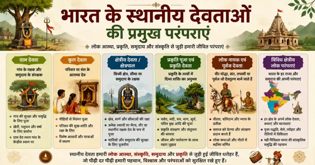 भारत के स्थानीय देवताओं की प्रमुख परंपराओं को दर्शाने वाला इन्फोग्राफिक, जिसमें ग्राम देवता, कुल देवता, क्षेत्रपाल, प्रकृति पूजा, लोक नायक, पूर्वज देवता और विभिन्न क्षेत्रीय लोक परंपराओं का संक्षिप्त परिचय दिया गया है।