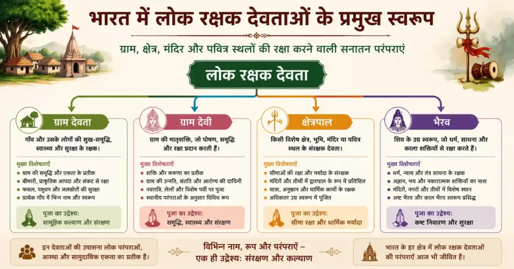 भारत में लोक रक्षक देवताओं के प्रमुख स्वरूप दर्शाता इन्फोग्राफिक, जिसमें ग्राम देवता, ग्राम देवी, क्षेत्रपाल और भैरव की भूमिका, विशेषताएँ तथा सनातन धर्म की लोक परंपराओं में उनका महत्व दर्शाया गया है।