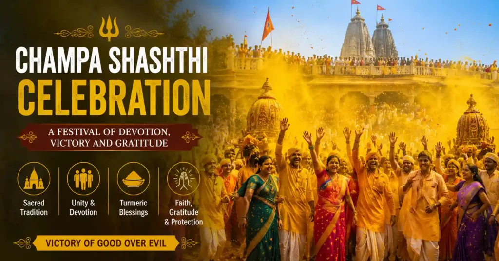 Champa Shashthi celebration at Jejuri Temple with devotees and traditional rituals