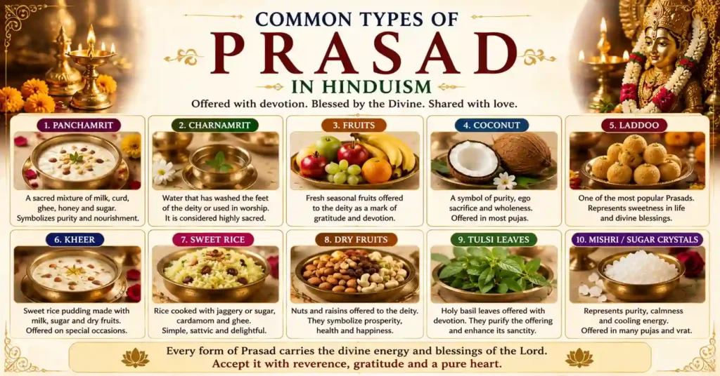 Infographic showcasing common types of Prasad in Hinduism, including Panchamrit, Charnamrit, fruits, coconut, laddoo, kheer, dry fruits, Tulsi leaves, and Mishri.