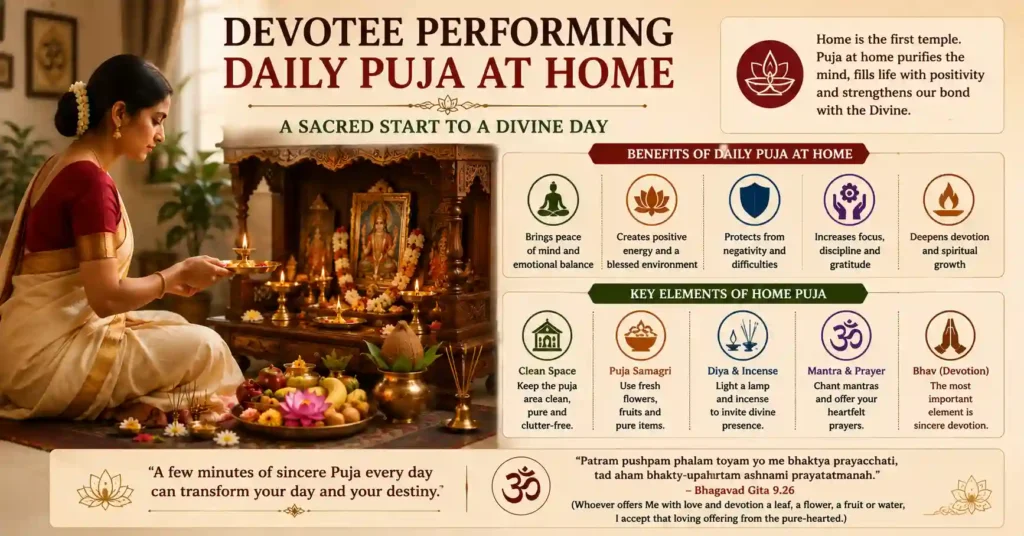 Devotee performing daily Puja at a home temple with diya, incense, flowers and sacred offerings, highlighting the benefits and importance of home worship.