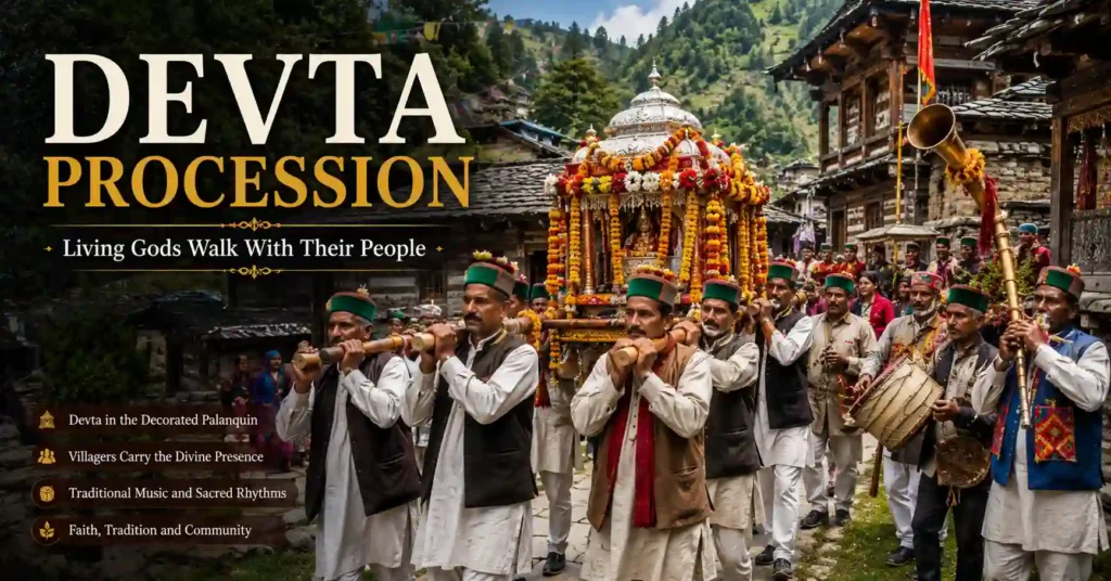 Devta procession in a Himalayan village with a decorated palanquin, traditional musicians, and devotees carrying the village deity.
