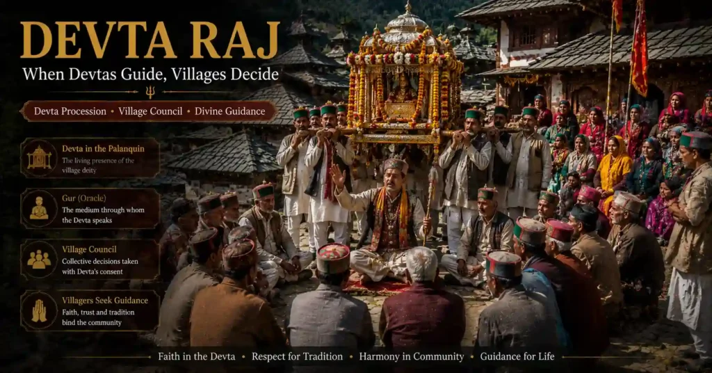Devta Raj tradition showing a village council seeking guidance from a Gur (oracle) before a decorated Devta palanquin in the Himalayas.