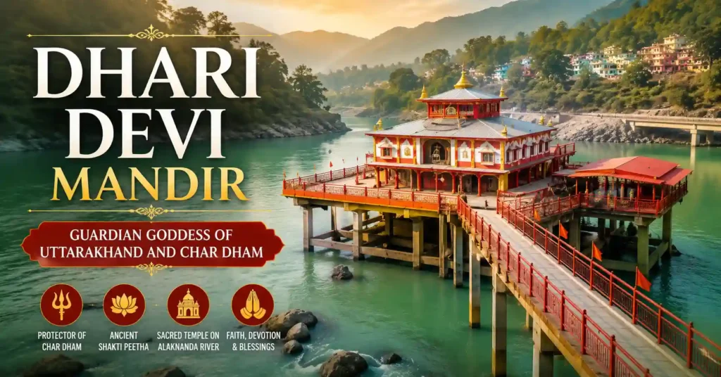 Dhari Devi Temple standing on the Alaknanda River in Uttarakhand, surrounded by the Himalayan landscape.