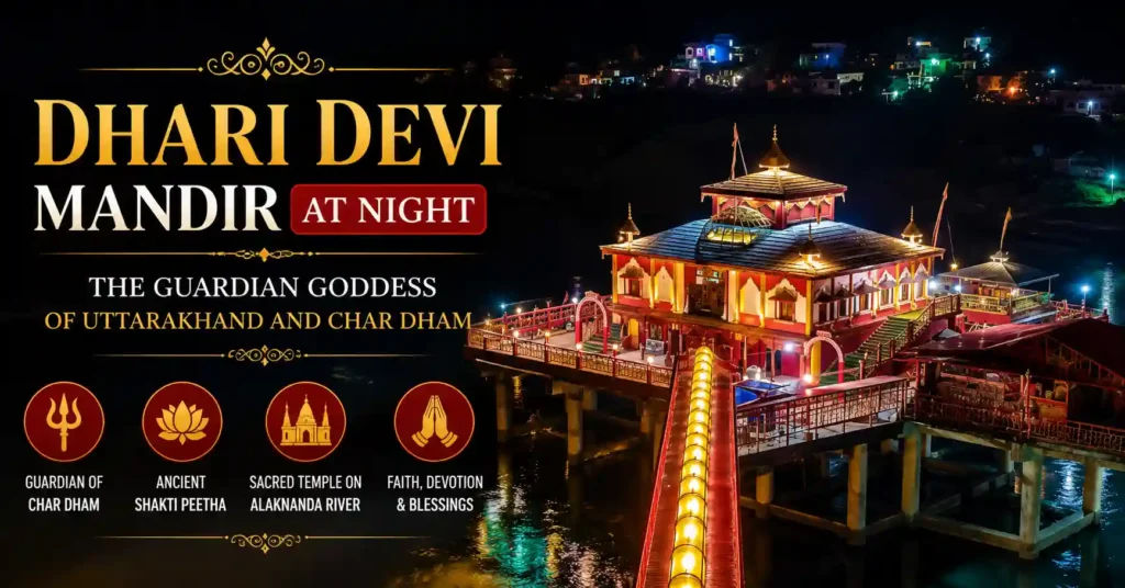 Illuminated Dhari Devi Temple at night on the banks of the Alaknanda River in Uttarakhand.