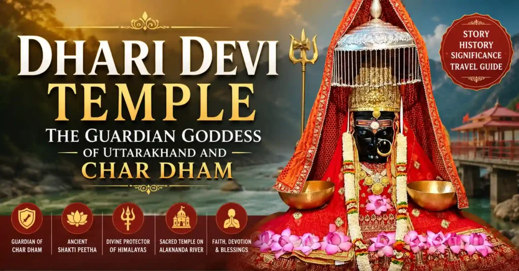 Dhari Devi Temple in Uttarakhand, the guardian goddess of Char Dham, with the sacred idol and Alaknanda River backdrop.