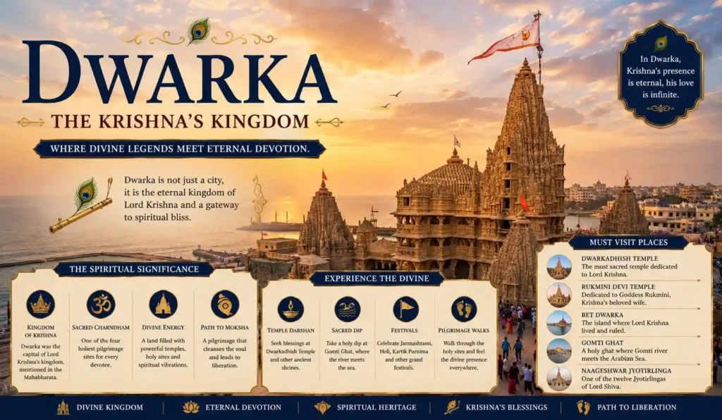 Dwarka, the sacred kingdom of Lord Krishna and one of the Seven Holy Cities in Sanatan Dharma, located on the western coast of Gujarat.