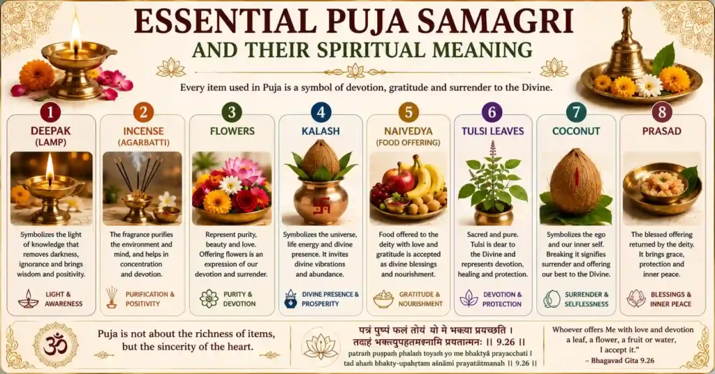 Infographic explaining essential Puja samagri such as deepak, incense, flowers, kalash, naivedya, Tulsi leaves, coconut and prasad with their spiritual meanings.