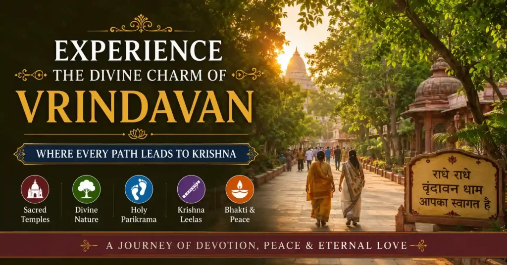 Peaceful pathways, temples, and devotional atmosphere reflecting the timeless spiritual charm of Vrindavan.