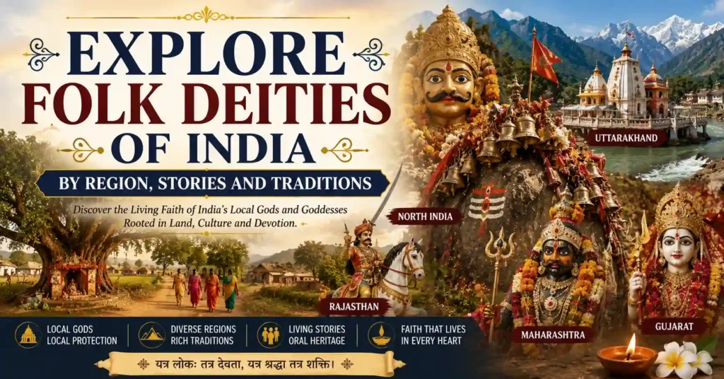 Illustration showing folk deities of India by region with village shrines, temples, guardian deities, and regional traditions across Uttarakhand, North India, Rajasthan, Maharashtra, and Gujarat.