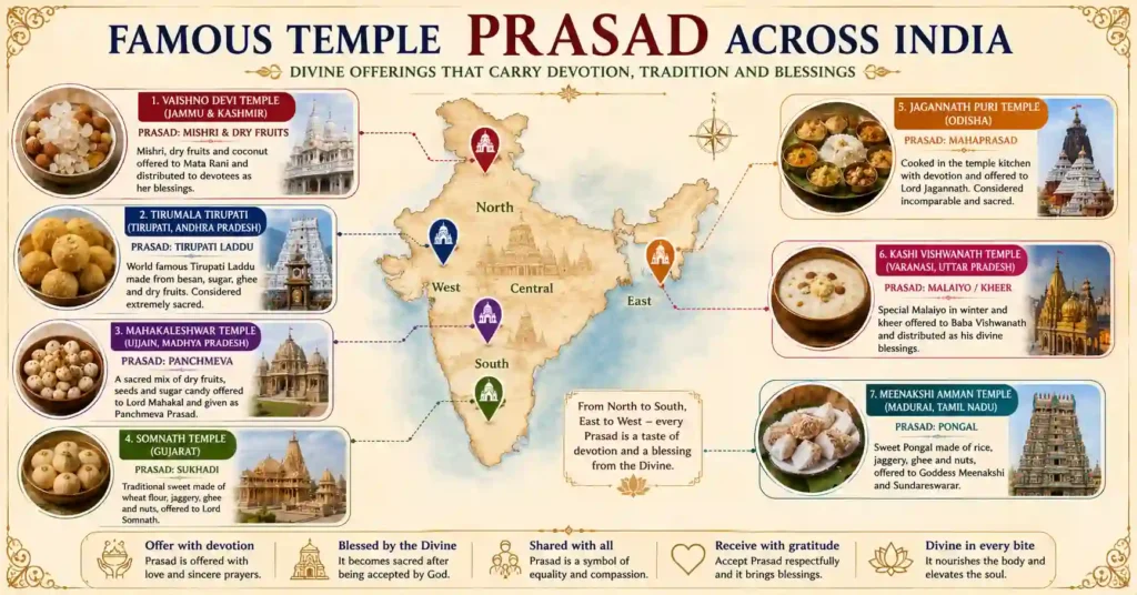 Infographic highlighting famous temple Prasad across India, including Jagannath Puri Mahaprasad, Tirupati Laddu, Vaishno Devi Prasad, Mahakaleshwar Panchmeva, Somnath Sukhadi, Kashi Vishwanath Prasad, and Meenakshi Pongal.