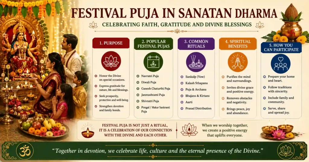 Family participating in a festival Puja in Sanatan Dharma with traditional rituals, prayers and offerings during a Hindu celebration.