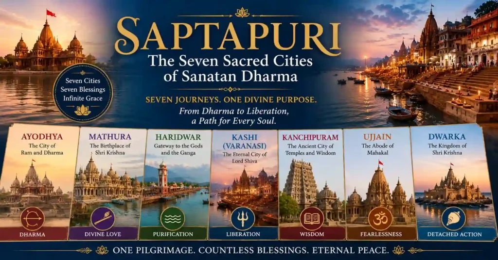 Illustration representing the festivals and spiritual traditions celebrated across the Seven Holy Cities of Saptapuri in Sanatan Dharma.