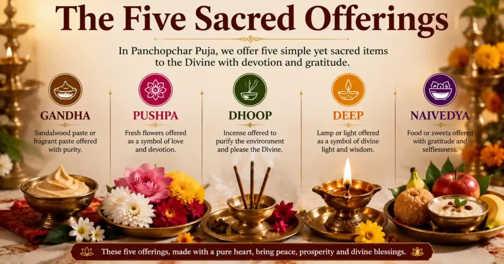 Panchopchar Puja: Gandha, Pushpa, Dhoop, Deep and Naivedya.