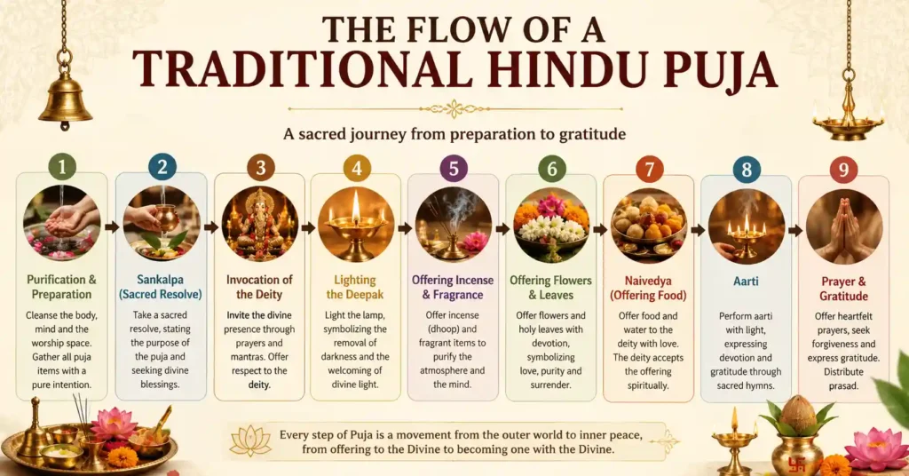 Infographic showing the step-by-step flow of a traditional Hindu Puja, from preparation and sankalpa to aarti, prayer and gratitude.
