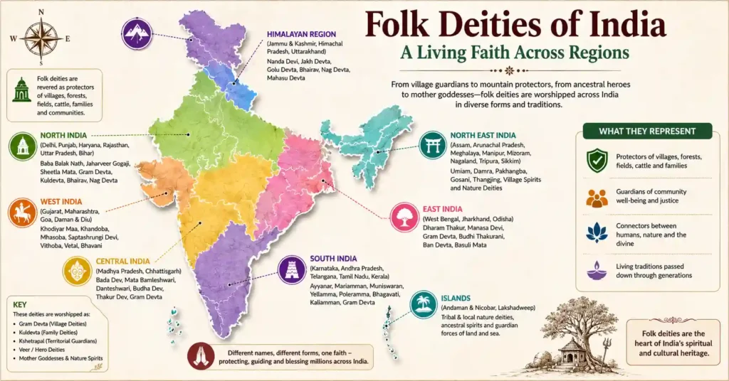 Map of Folk Deities of India by Region showing major regions such as North India, Uttarakhand, Rajasthan, Maharashtra, Gujarat, South India, East India, North East India, and Central India, highlighting regional folk deities, guardian gods, and living traditions across India.