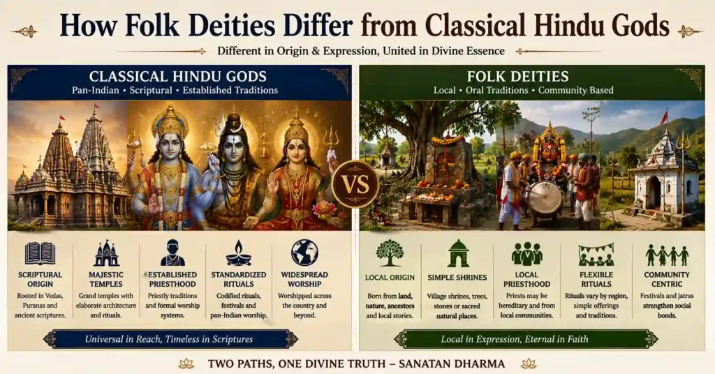 Infographic comparing Folk Deities of India with Classical Hindu Gods, highlighting differences in origin, worship, traditions, temples, and community practices.