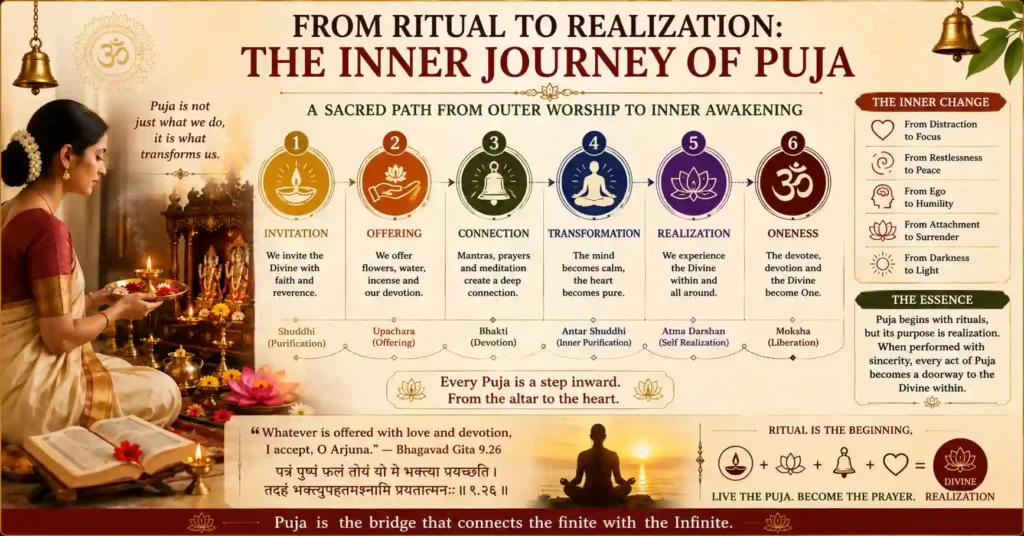 Infographic illustrating the inner journey of Puja from external rituals to inner purification, devotion, self-realization and divine oneness in Sanatan Dharma.