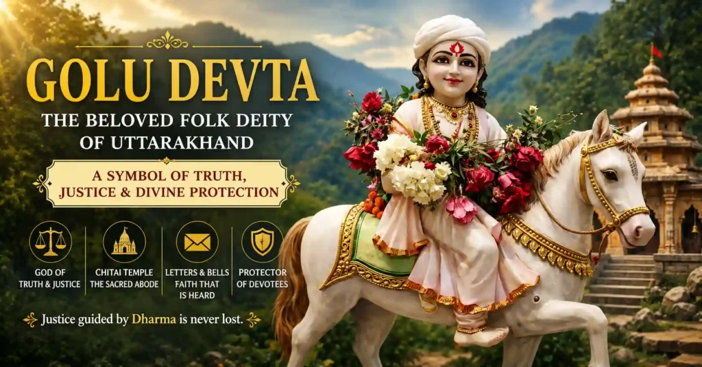 Golu Devta, the revered folk deity of Uttarakhand, riding a white horse against the Himalayan backdrop, symbolizing truth, justice, and divine protection.